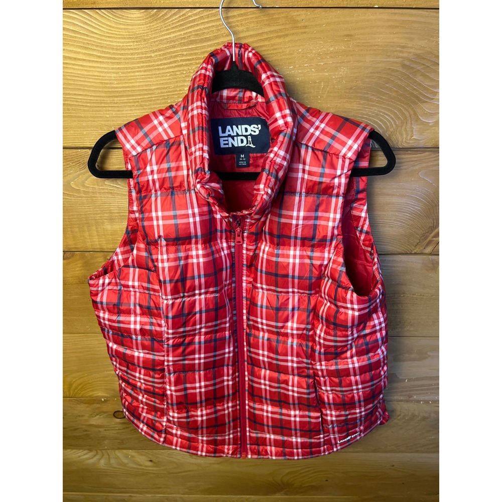 Lands' End Women's Plaid Puffer Vest Red White Blue Medium Lightweight Full Zip